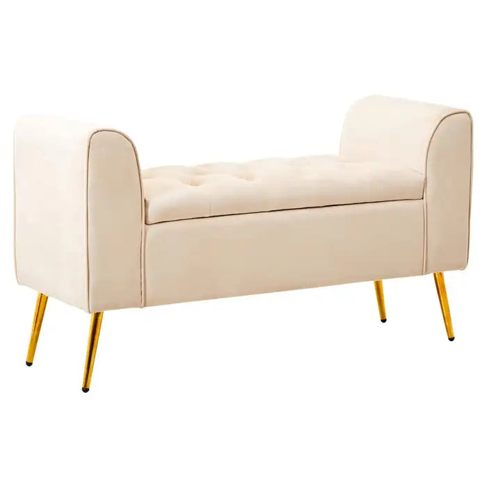velvet storage bench with gold finish iron legs